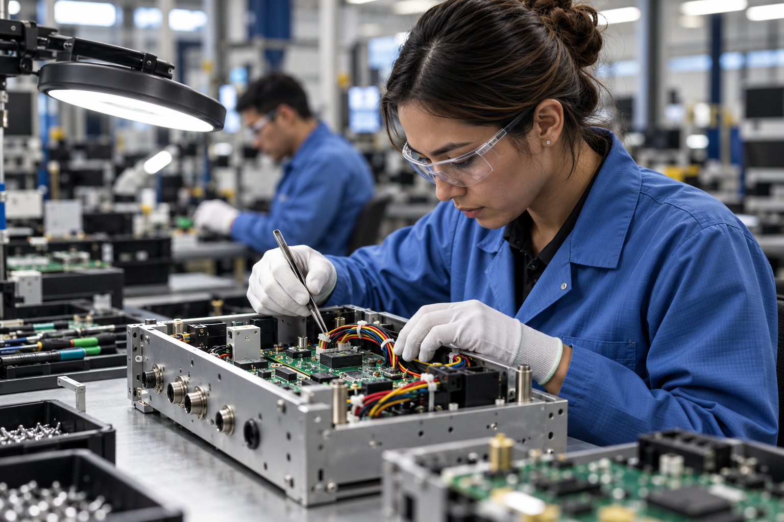 Illustrative technician working on an electronics assembly