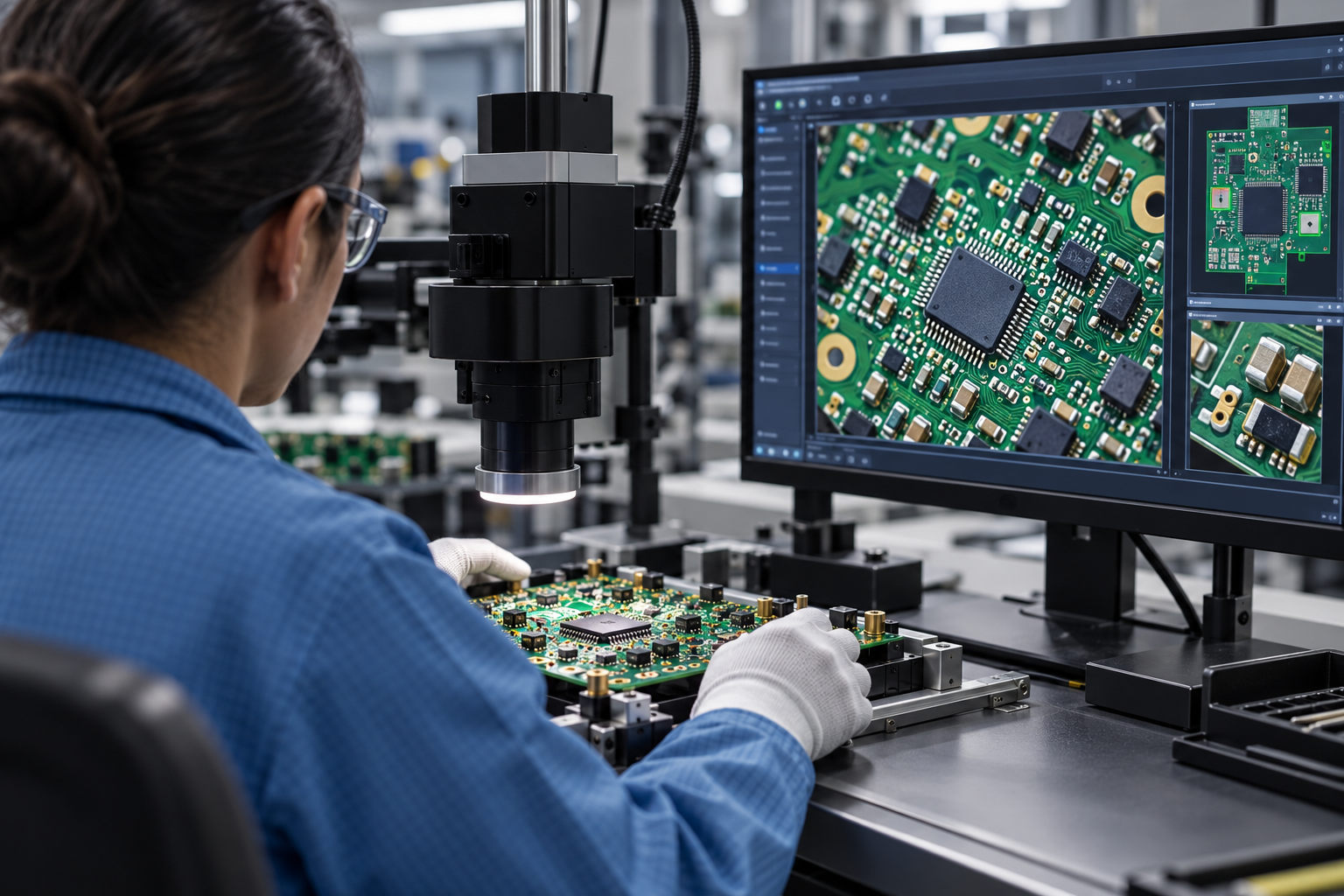 Illustrative technician inspecting an electronic assembly